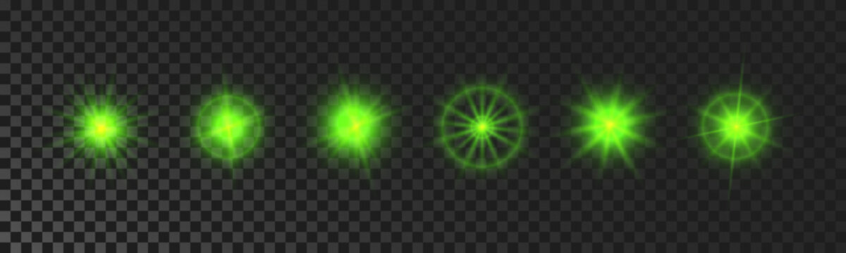 Set of green glowing sparkling stars