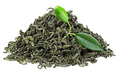 Dried green tea with fresh tea leaves isolated on a white background