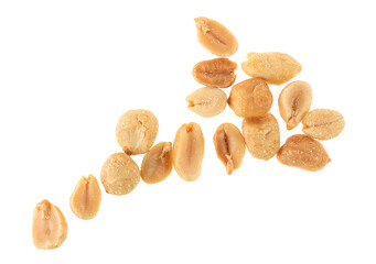 Top view of roasted and salted peanuts isolated on a white background