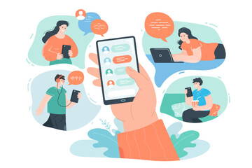Hand holding mobile phone with contact lists on screen. Man sharing news, posts and music with friends through smartphone or social networks flat vector illustration. Online communication concept