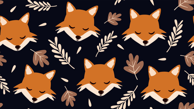 seamless pattern with autumn leaves and cartoon character fox on a dark background