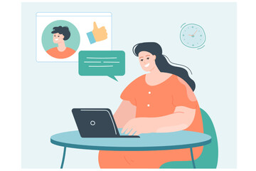 Girl chatting on social networks flat vector illustration. Happy woman searching for partner on dating website, looking at laptop or computer screen. Love, romantic relationship concept