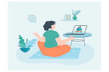 Girl taking online yoga class at home flat vector illustration. Woman sitting on floor, doing exercises and physical activity, watching video on laptop. Health, education, modern technology concept