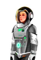 woman astronaut in futuristic spacesuit, woman on Mars. Woman in space. 
