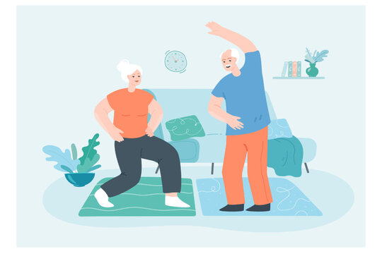 Elderly couple doing exercises at home flat vector illustration. Cheerful old male and female people in sportswear warming up, doing yoga in morning together. Fitness, sport, healthy lifestyle concept