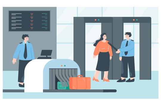 Girl going metal detector in airport flat vector illustration. Female cartoon character standing near security gate. Police checking passengers luggage through X-ray scanner. Security check concept