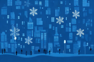 Blue city in winter with snow, Generative AI