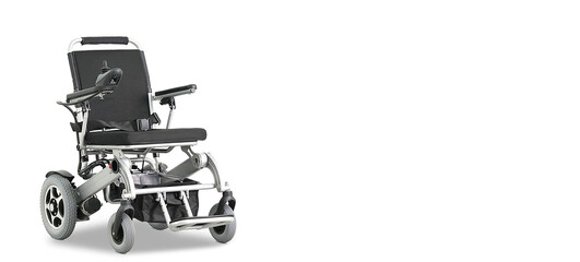 Electric wheelchair with copy space on white background