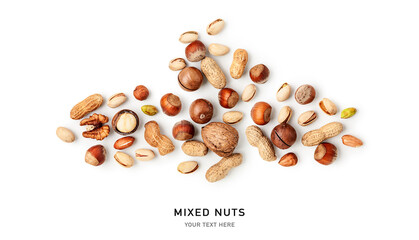 Mixed nuts on white background. Creative layout.