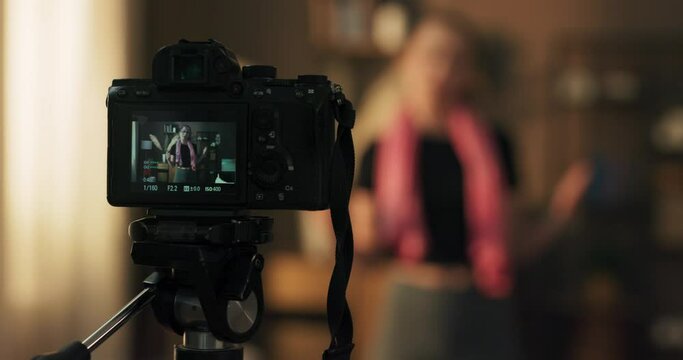 Young trainer starts her career on the Internet by recording videos for social networks with exercises, does online training