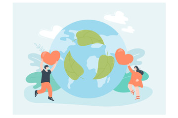 Couple people saving nature of Earth and reducing pollution. Tiny man and woman holding hearts in hands near globe flat vector illustration. World Environment Day, eco friendly technology concept