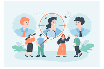Focus on talent employee by professional HR managers. Team of tiny people with magnifying glass and telescope choosing recruit flat vector illustration. Job interview, agency, teamwork concept