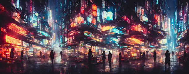 Fototapeta na wymiar Artistic concept painting of a cyberpunk city, street, background illustration
