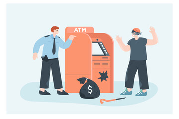 Danger of burglar attack on ATM machine. Male police officer protecting bankomat from crime of thief and illegal withdrawal of cash money flat vector illustration. Security, fraud, insurance concept