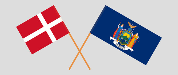 Crossed flags of Denmark and The State of New York. Official colors. Correct proportion