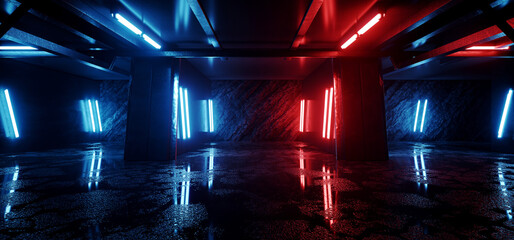 Underground Club Parking Basement Hangar Nuclear Shelter Neon Glowing Red Blue Flashing Lights Wet Concrete Grunge Metal Industrial 3D Rendering