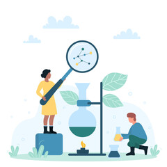 Research in chemistry, chemical scientific lab experiment and education vector illustration. Cartoon tiny scientist holding magnifying glass, chemists study, work with flask distiller in laboratory
