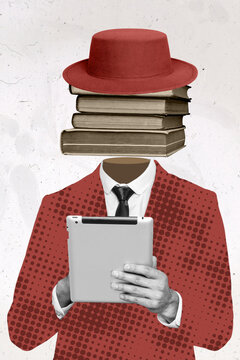 Creative Poster Collage Of Man Holding Tablet Ereader Read Ebook App Promo Pile Book Bookworm Wear Suit Hat Bookstore Poster Discount Sale