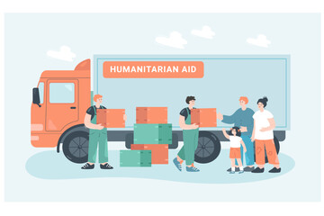 Volunteers giving boxes to poor people, distributing donation. Female and male characters standing near humanitarian aid truck flat vector illustration. Charity, poverty, governmental help concept
