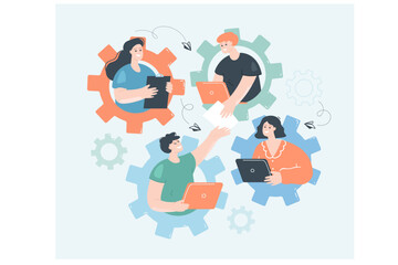 Strong team of employees working together inside gears. Efforts to cooperation of tiny dedicated female and male characters flat vector illustration. Enterprise success, teamwork, development concept