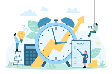 Time management discipline vector illustration. Cartoon tiny people holding light bulb, pencil to check tasks in checklist of clipboard near big clock, busy characters work on challenges, projects