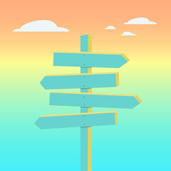 Direction signs on the  sunset cloudy sky. Vector design.