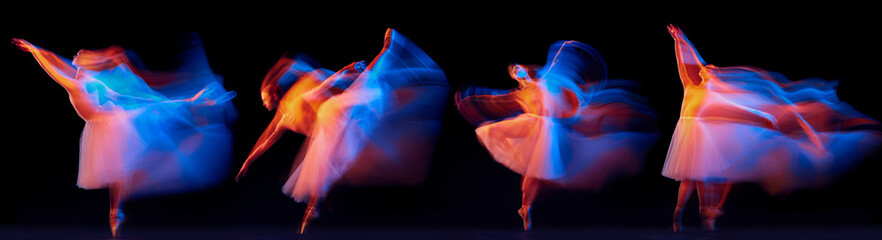 Development of movements of one beautiful ballerina dancing isolated on dark background in mixed neon light. Concept of art, beauty, aspiration, creativity.