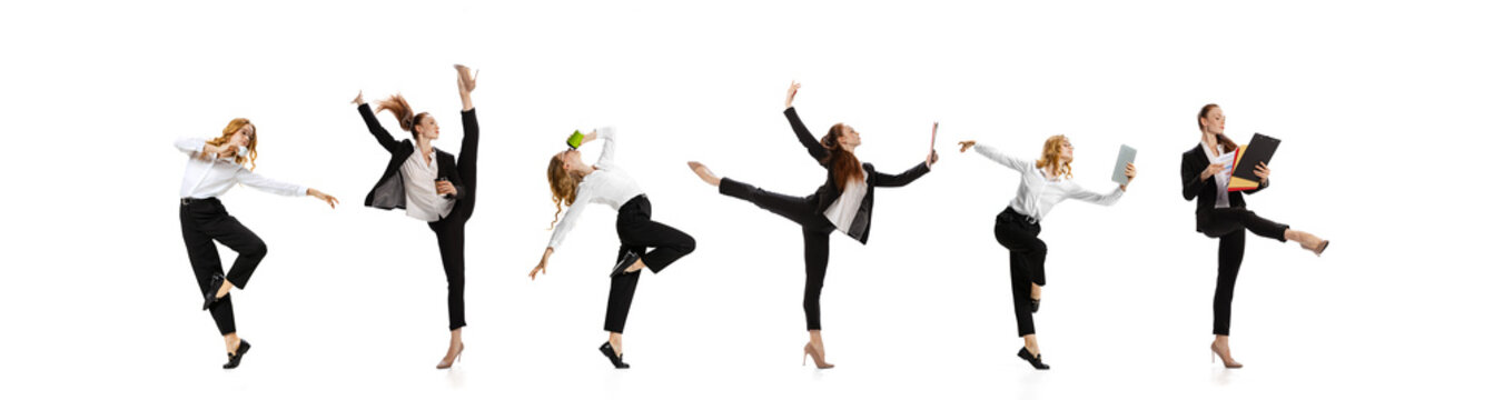 Set of images of business women in office style clothes working, dancing isolated on white background. Work, career, teamwork, inspiration and ad concept.
