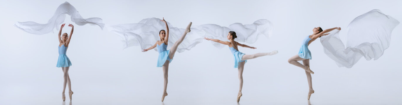 Collage of portraits of one young beautiful female ballet dancer in different images dancing with silk fabric isolated on grey background.