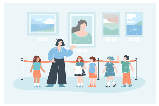 Teacher with young students on museum excursion to art gallery. Female guide telling children about exhibition picture in exposition flat vector illustration. Art presentation, education, tour concept