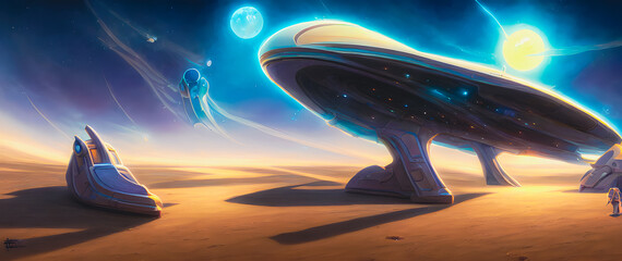 Fototapeta na wymiar Artistic concept painting of a beautiful sci-fi landscape, with a spaceship docked to spacestation. Tender and dreamy design, background illustration.