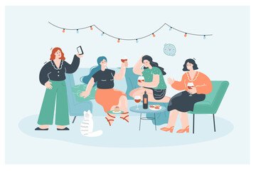 Group of happy girlfriends gathering on home party. Cheerful young female friends sitting on sofa, talking, celebrating and drinking wine flat vector illustration. Celebration, friendship concept