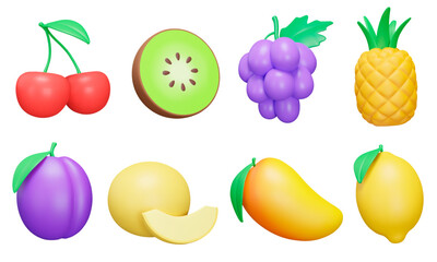 Fruit 3d icon set. Cherry, kiwi, grape, pineapple, plum, melon, mango, lemon. Various fruits. Isolated icons, objects on a transparent background