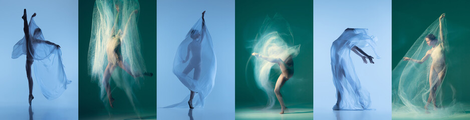 Tenderness. Contemporary or classic art. Set of portraits of female ballet dancers dancing isolated on blue background. Concept of art, beauty, aspiration, creativity
