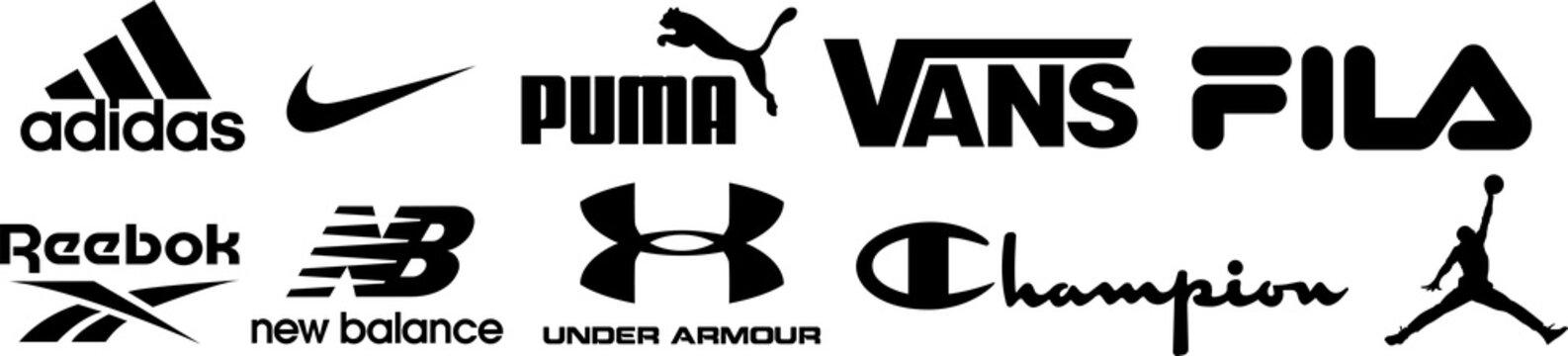 Collection of popular sportswear brands logo, Nike, Adidas, Under Armour, Puma, Reebok, Champion, New Balance, Vans, Fila. PNG