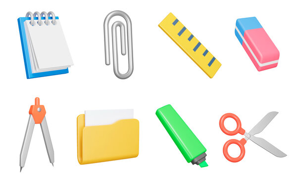 Stationery 3d icon set. Writing materials, office supplies. Notebook, paper clip, eraser, compass, folder, highlighter, scissors and ruler. Isolated icons, objects on a transparent background