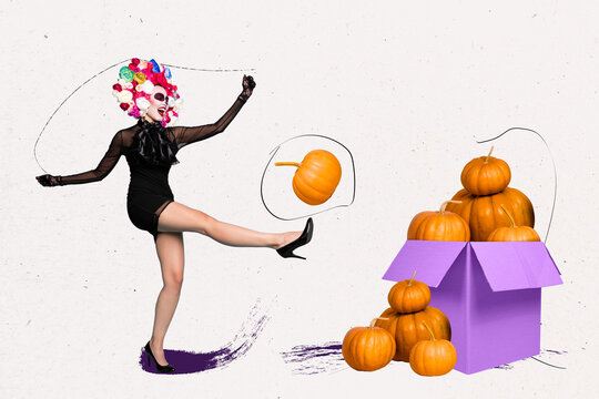 Composite collage image of excited mexican girl leg kick pumpkin pile stack box isolated on drawing background