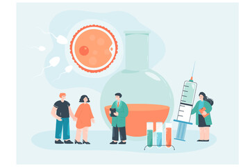 Artificial insemination, infertility treatment of couple people. Tiny husband and wife on fertilization procedure in medical clinic flat vector illustration. Pregnancy, gynecology, IVF concept