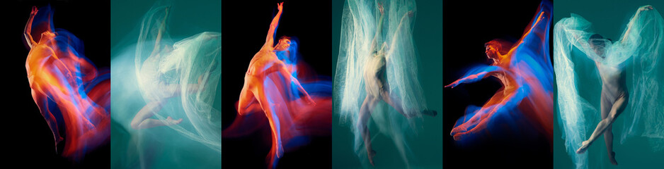 Mixed light, blurring effect. Graceful male and female ballet dancers flying and jumping over black...