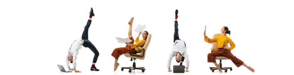 Expressive and flexible office workers in casual and business clothes in motion, action isolated on white background. Ballet dancers. Creative collage.