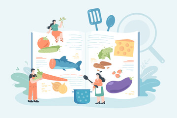 Chefs cooking food, using recipe book. Tiny people standing near cookbook, holding fresh ingredients for meals in restaurant menu flat vector illustration. Healthy diet and nutrition, culinary concept