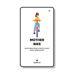 mother bike vector. family happy, woman park, bicycle female, safety kid, mom parent, active leisure, together mother bike web flat cartoon illustration