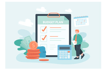 Tiny accountant consulting on company budget and tax plan. Tiny man standing with calculator, wallet, financial report paper document on clipboard flat vector illustration. Finance, management concept