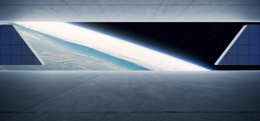 Futuristic Sci Fi Spaceship Station Colonization Space Bunker Concrete Cement Construction Panoramic Earth Stars View Realistic Showroom 3D Rendering