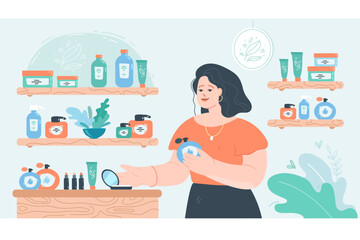 Girl choosing beauty products in natural cosmetics shop. Happy female person buying cream, concealer, lotion or eco skin care products flat vector illustration. Cosmetology, makeup concept