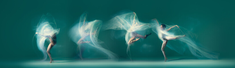 Lightness and weightlessness. Flexible beautiful ballet dancer dancing isolated on cyan color...