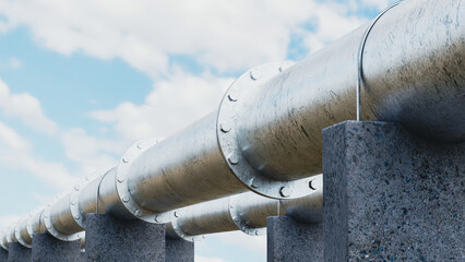 Gas pipelines with cloudy sky, long pipes on concrete supports, 3d render