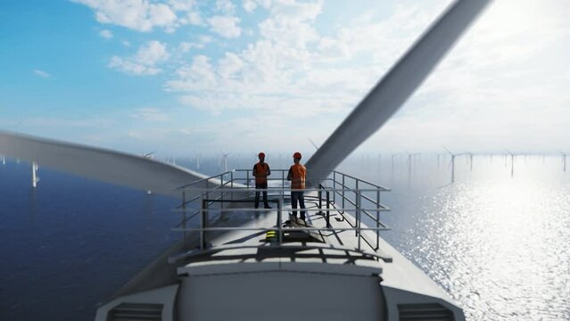 Maintenance workers on top of an offshore wind turbine, loop 4K