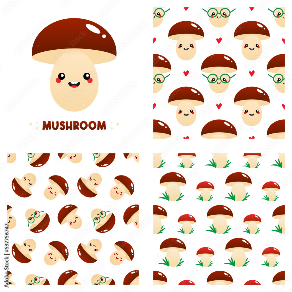 Wall mural cute cartoon style mushroom character and set, collection of three mushroom vector seamless pattern 