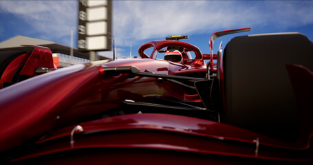 Naklejka premium High Speed Sports Red Car Drive Racing Along the Track to the Finish Line. Dynamic Front View Camera. Speed and Sport Concept. 3D Rendering